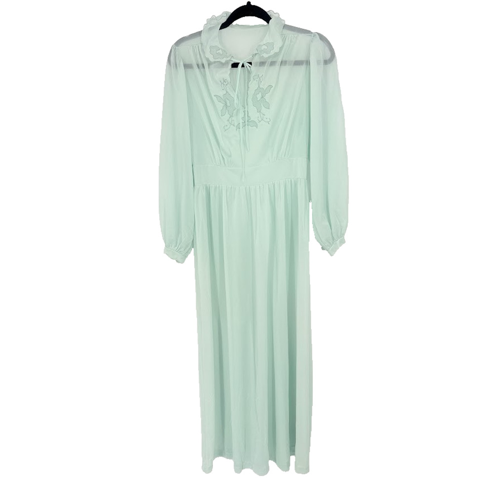 Vintage Gotham Gold Stripe Mint Green‎ Gown Nightgown Sheer Embroidery Small 34